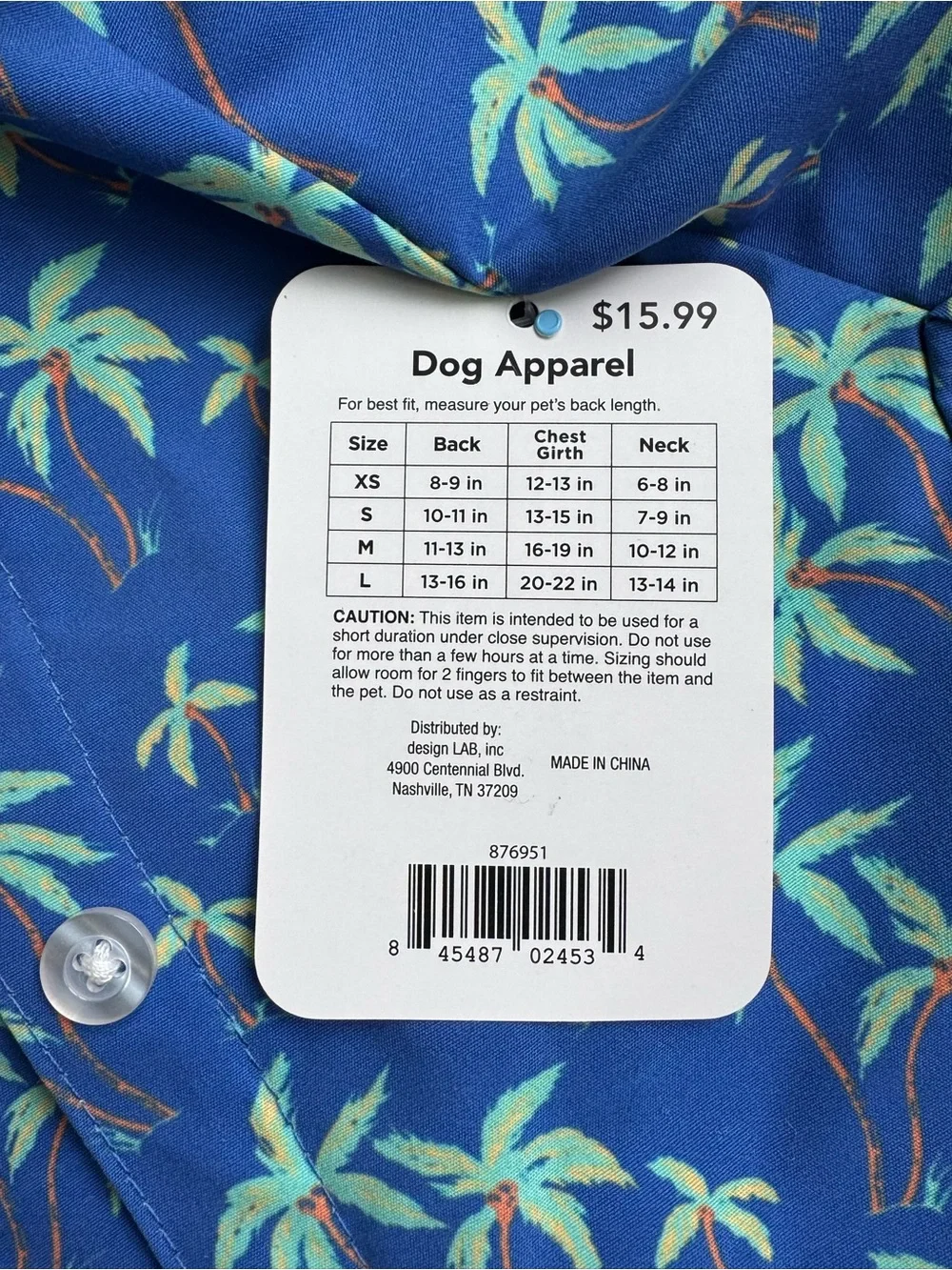 Buttons & Bones Blue Button Up & Velcro Tropical Print Dog Shirt Size Small NWT